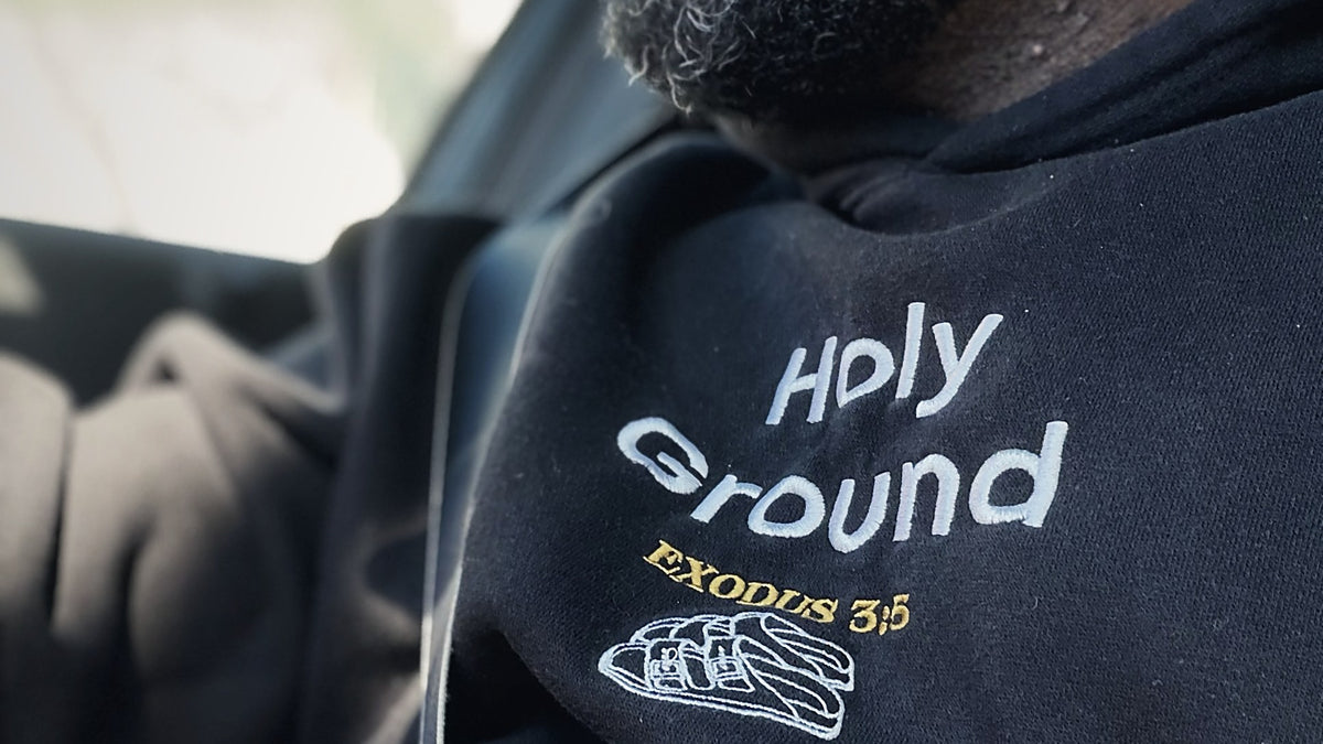 Holy Ground hoodie in black, embroidered Exodus 3:5 design
