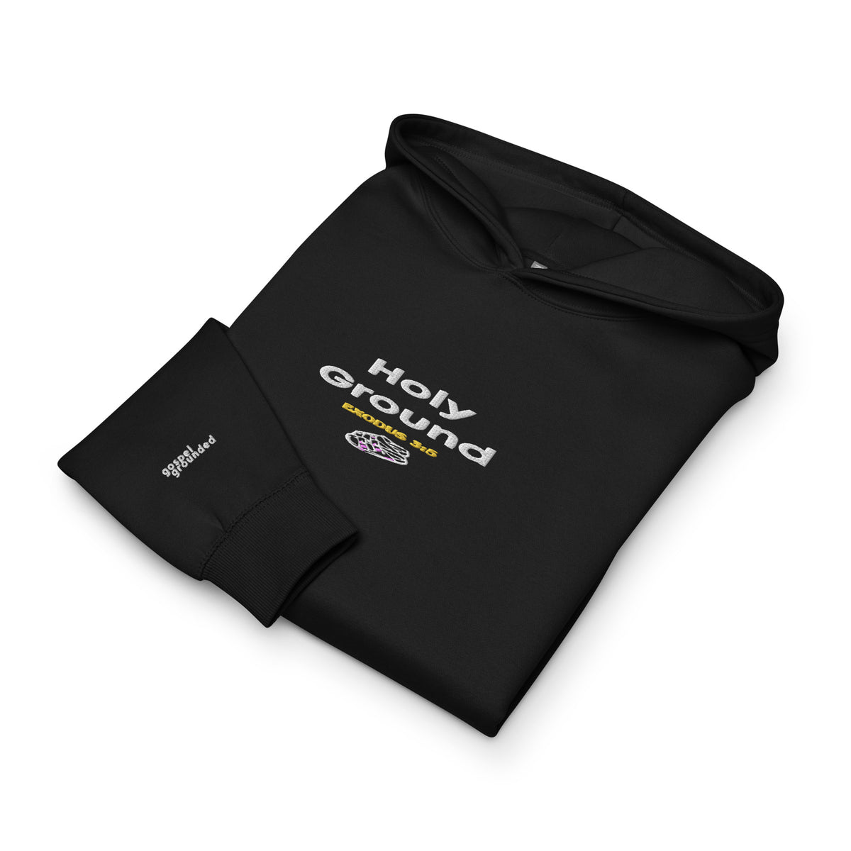 Holy Ground hoodie in black, front detail