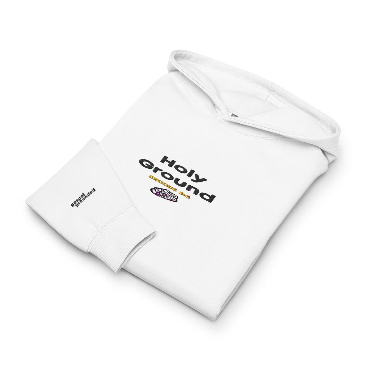 Holy Ground hoodie in white, front detail